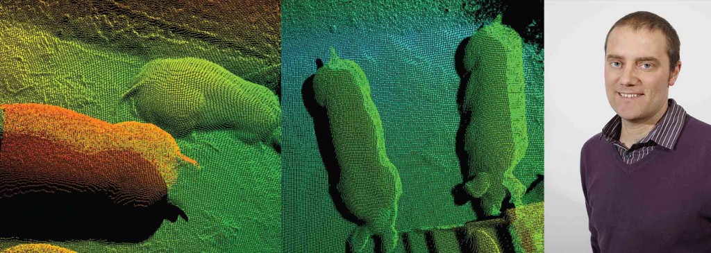  3D cameras monitor the risk of an outbreak of tail biting by observing a change in tail posture. SRUC research leader Dr Rick D’Eath (right)