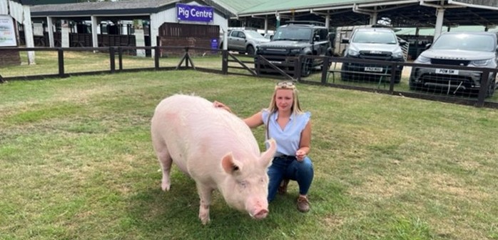 Grace Bretherton with Large White pig